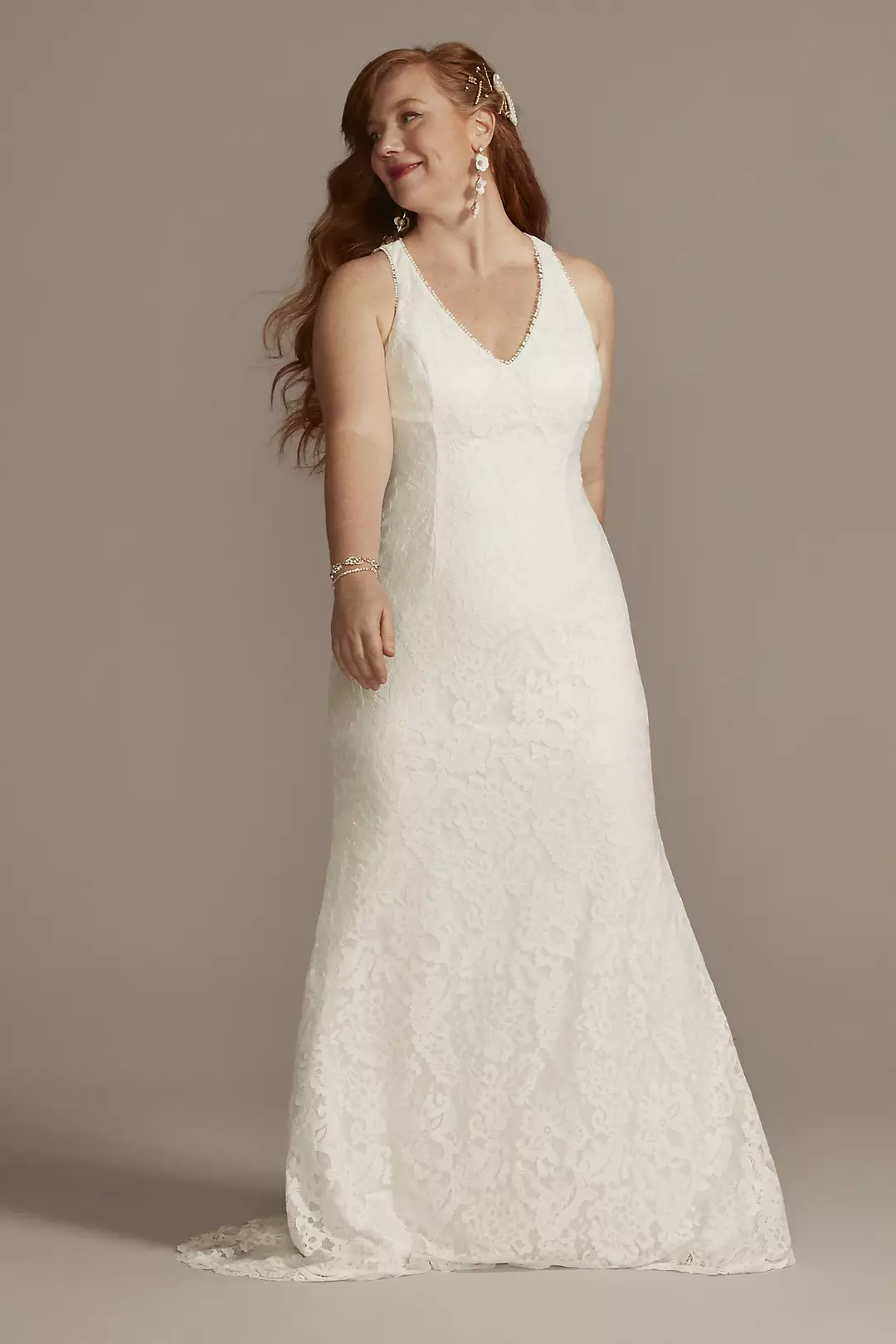 Scalloped Stretch Lace Halter Plus Wedding Dress Image