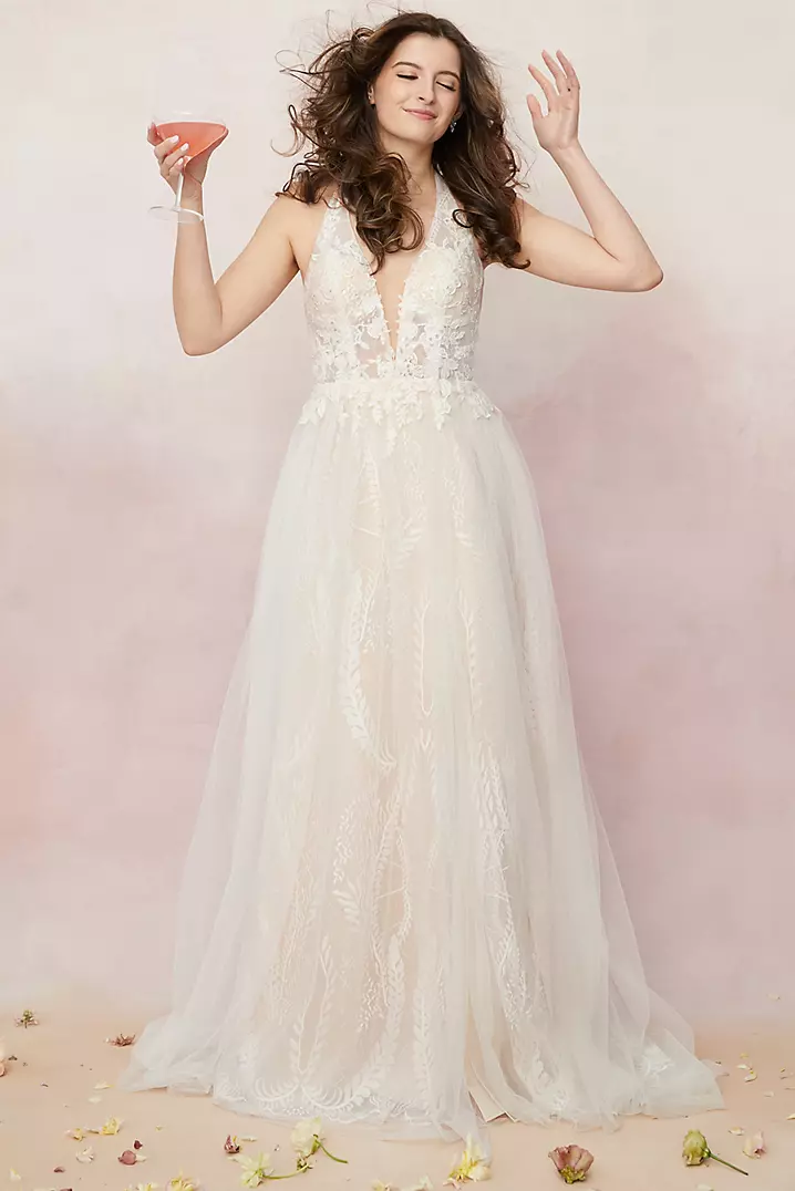 Lace Applique Halter Tall Plus Wedding Dress | David's Bridal Lace Applique Halter Tall Plus Wedding Dress | David's Bridal