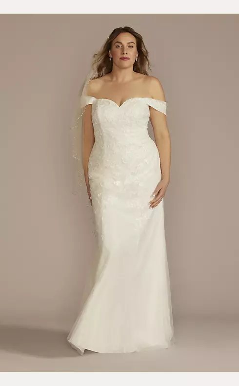 Off-Shoulder Lace Applique Sheath Wedding Dress Image 1