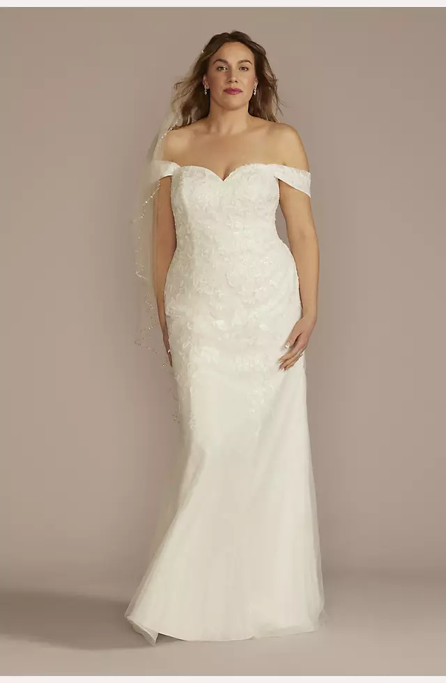 Off-Shoulder Lace Applique Sheath Wedding Dress Image