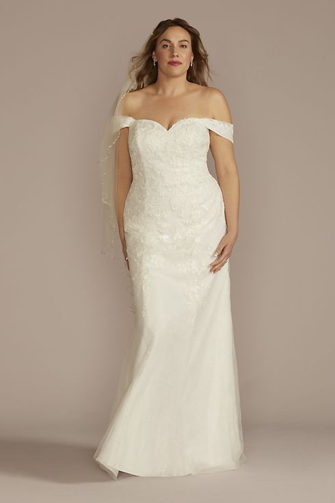 Off-Shoulder Lace Applique Sheath Wedding Dress Image 1