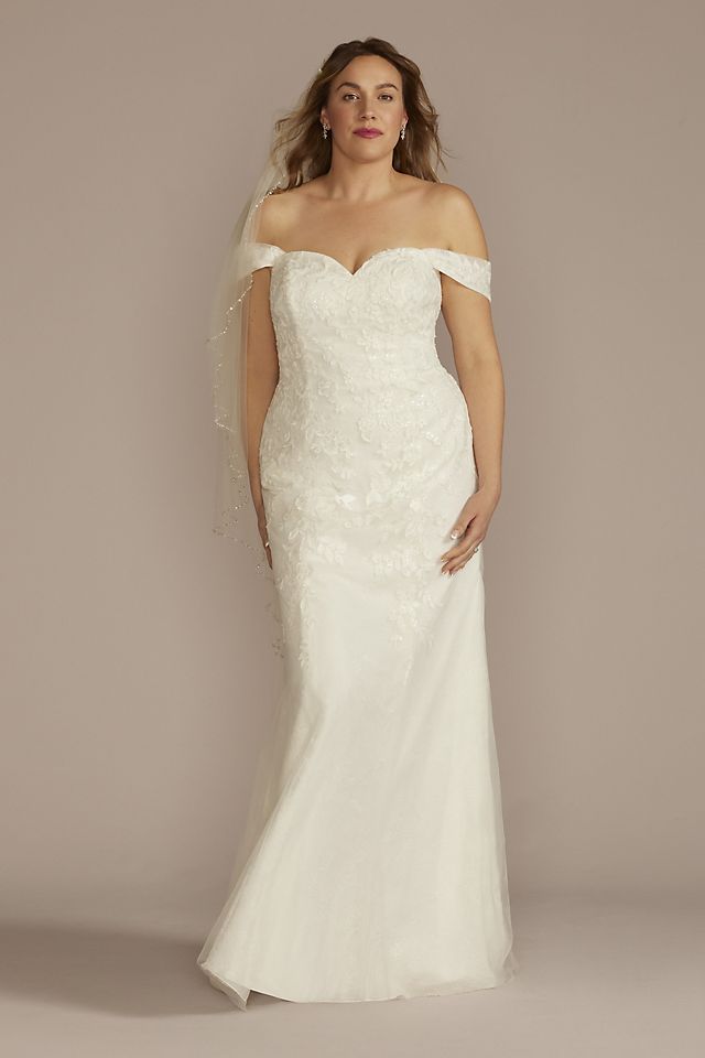 Off-Shoulder Lace Applique Sheath Wedding Dress Image