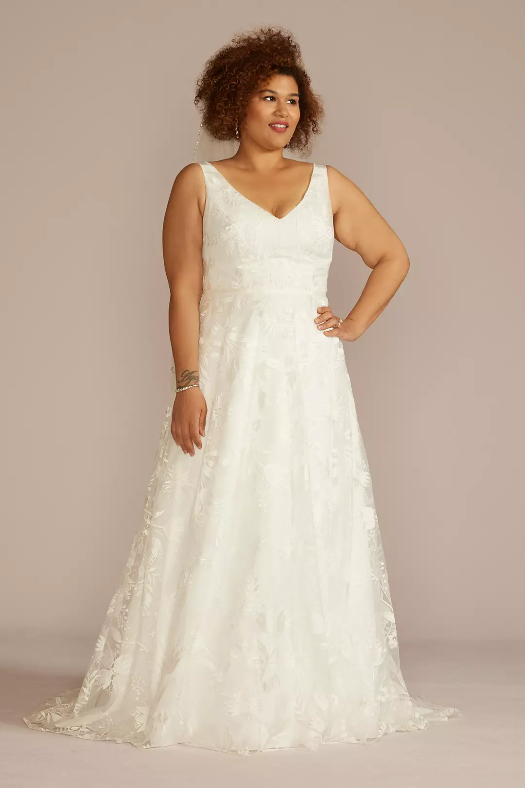 V-Neck Embroidered Lace A-Line Wedding Dress Image