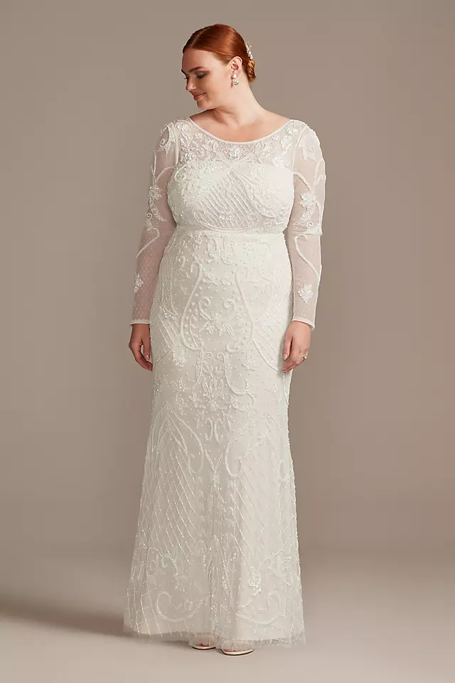 Allover Scroll Beaded Illusion Long Sleeve Gown Image