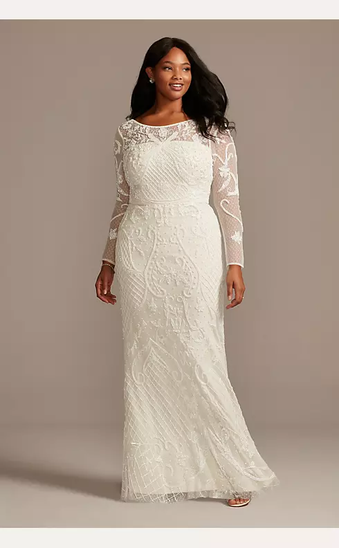 Allover Scroll Beaded Illusion Long Sleeve Gown Image 4