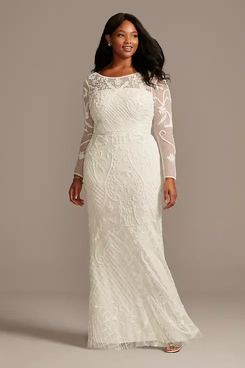 Allover Scroll Beaded Illusion Long Sleeve Gown Image 4