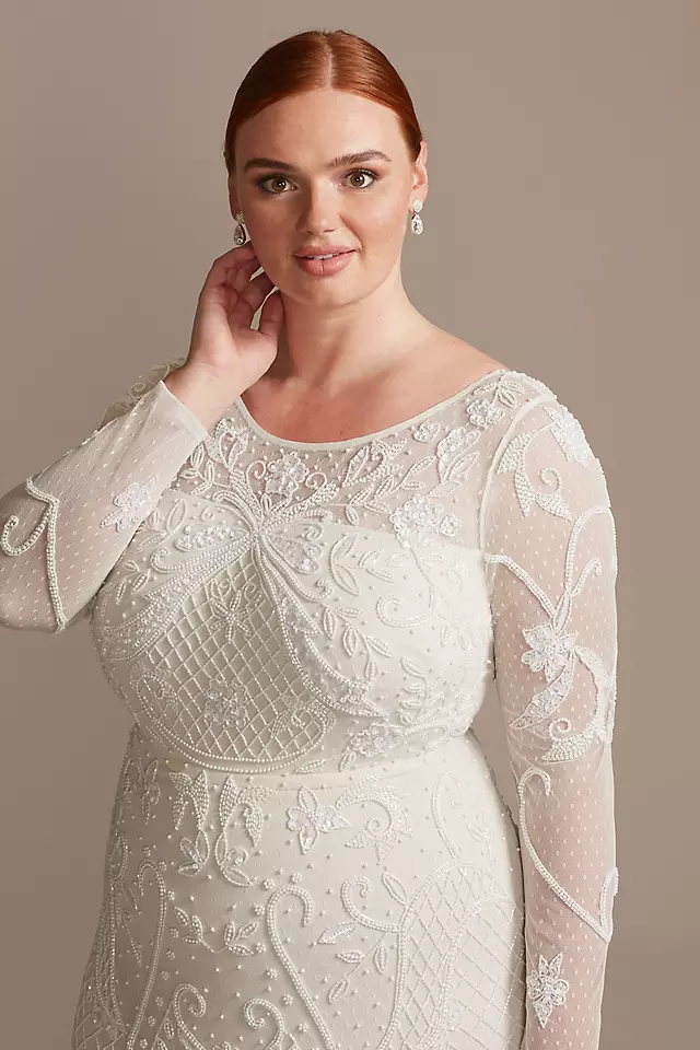 Allover Scroll Beaded Illusion Long Sleeve Gown Image 3