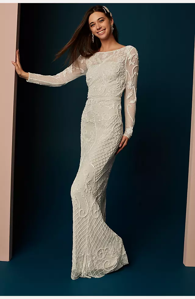 Allover Scroll Beaded Illusion Long Sleeve Gown Image 7