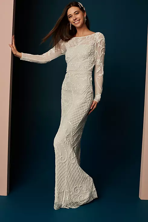 Allover Scroll Beaded Illusion Long Sleeve Gown Image 7