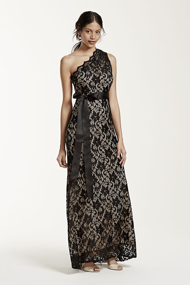 One Shoulder All Over Lace Dress with Ribbon Image 1