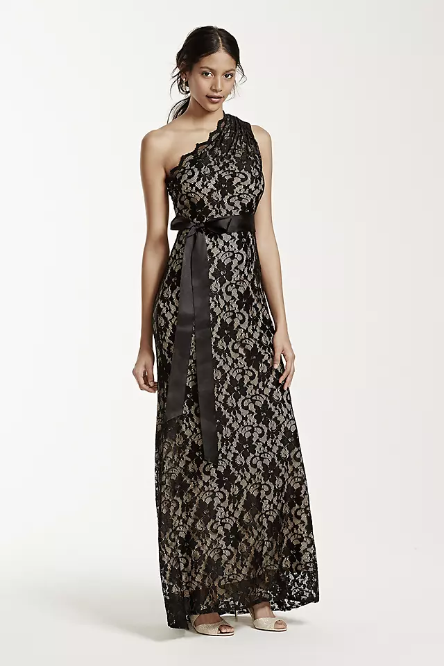 One Shoulder All Over Lace Dress with Ribbon Image