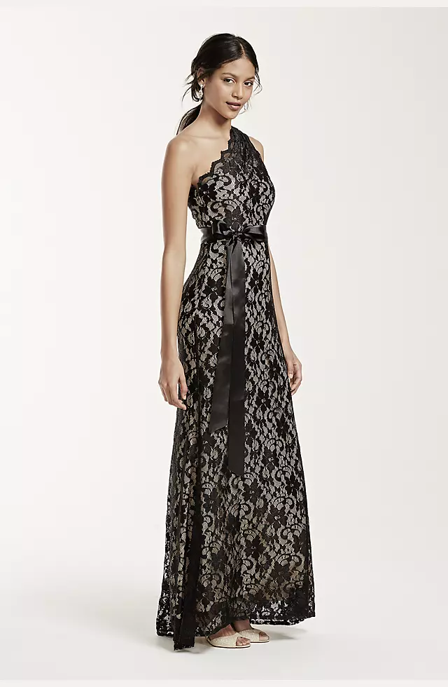 One Shoulder All Over Lace Dress with Ribbon Image 3