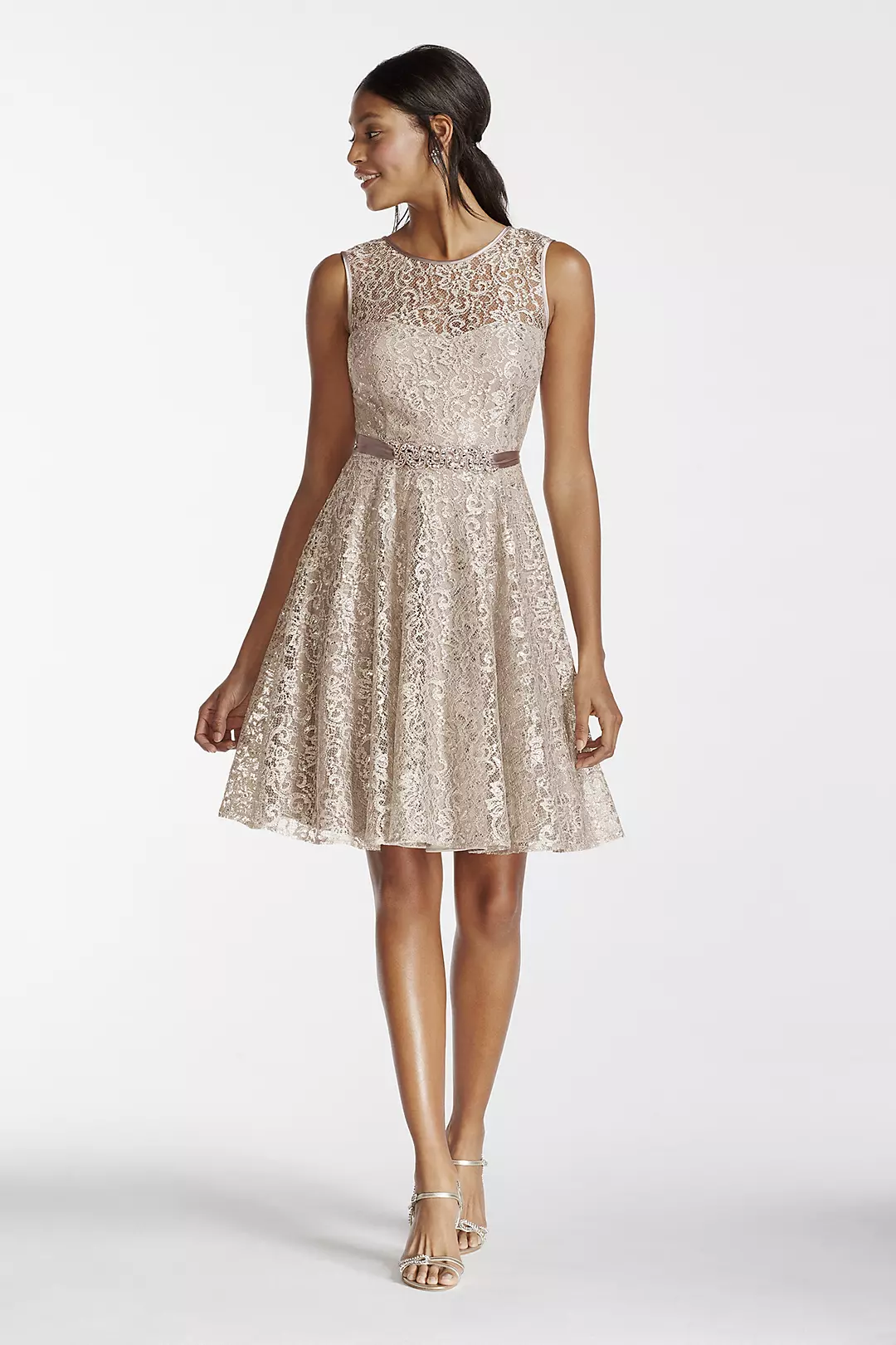Illusion Tank Shimmer Lace Dress with Beaded Sash Image