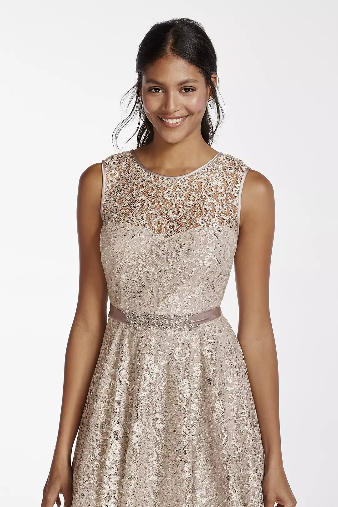 Illusion Tank Shimmer Lace Dress with Beaded Sash Image 3