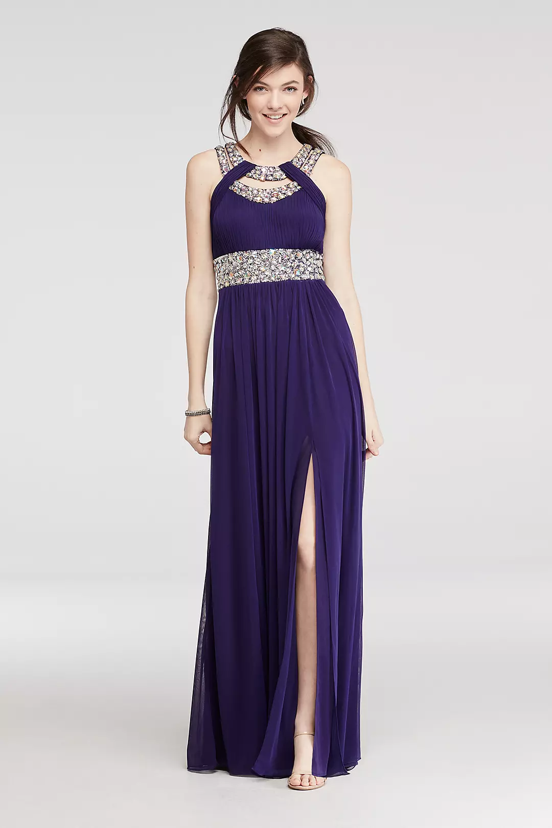 Crystal Beaded Cut Out Halter Prom Dress Image