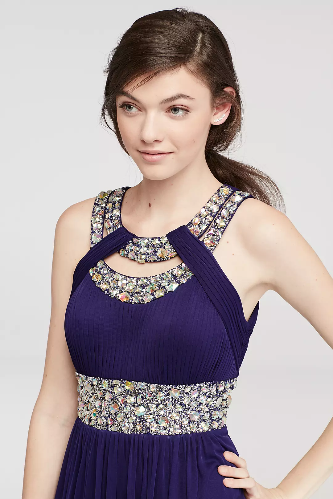 Crystal Beaded Cut Out Halter Prom Dress Image 3