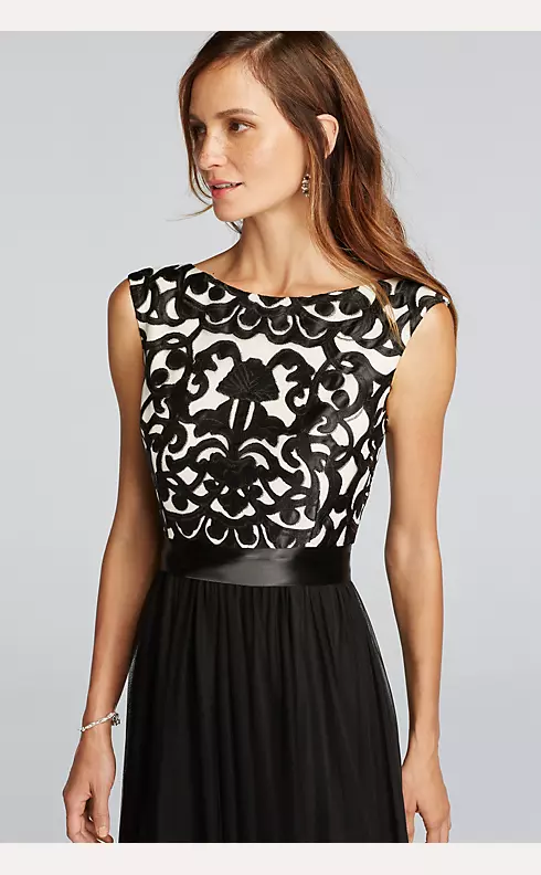 Cap Sleeve Satin Applique Dress with Mesh Skirt Image 3