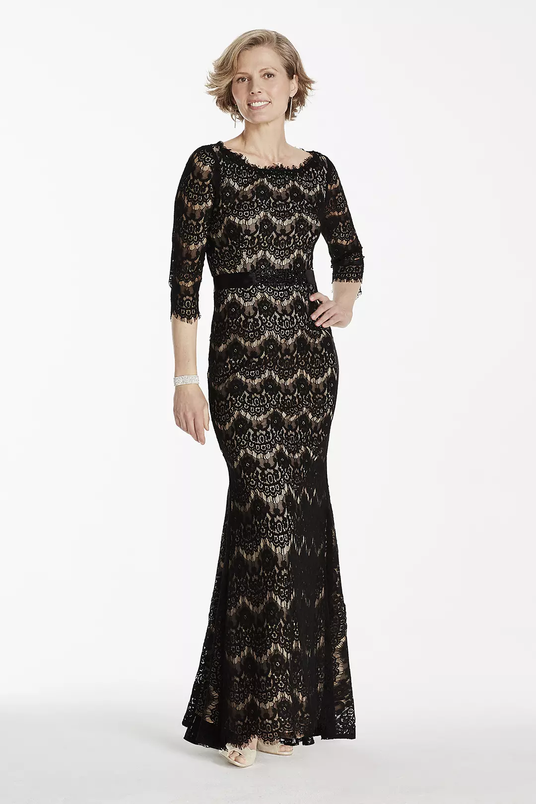 3/4 Sleeve Lace Dress with Beaded Sash Image
