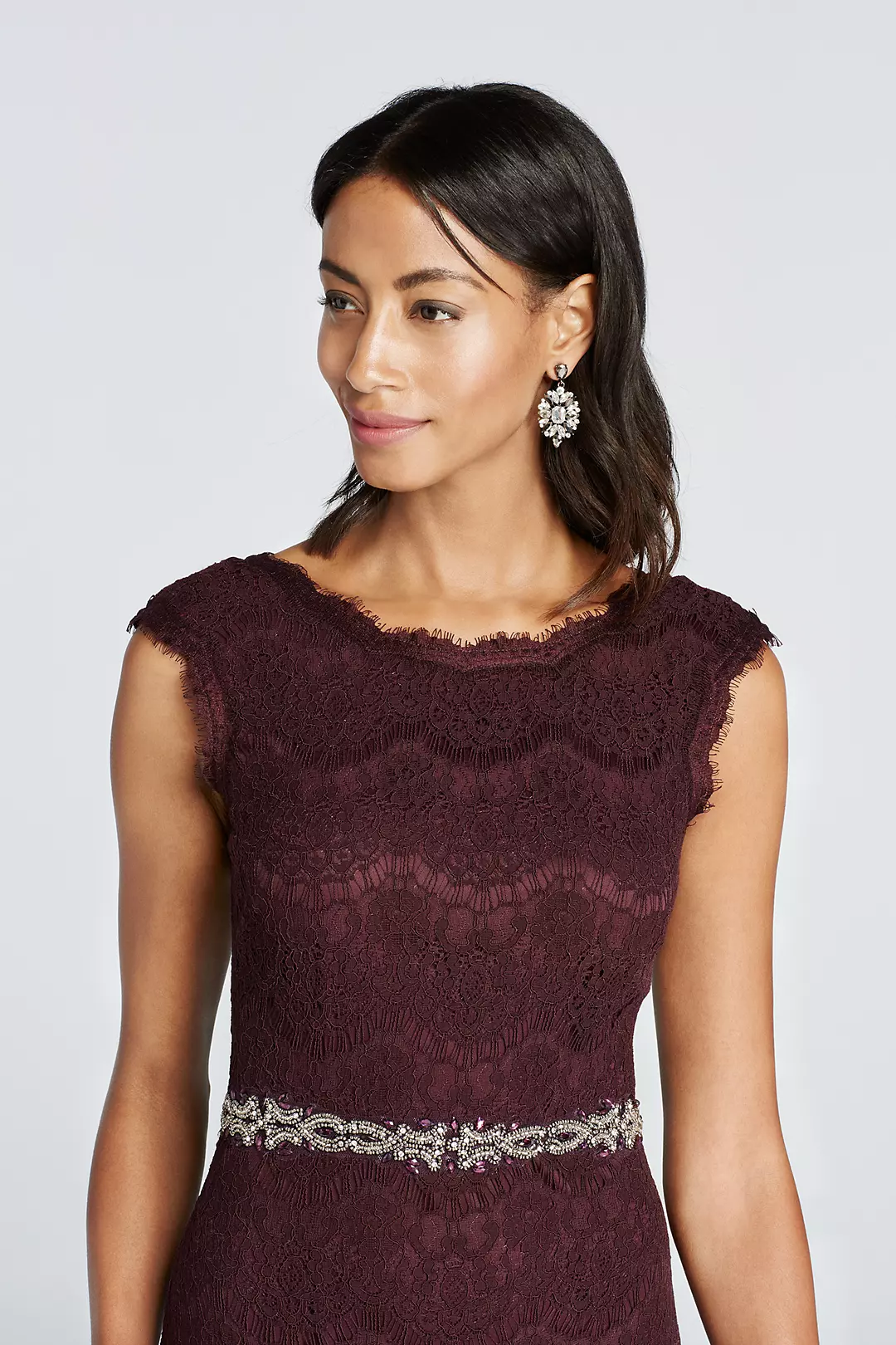 Long Cap Sleeve Dress with All-Over Lace Image 3