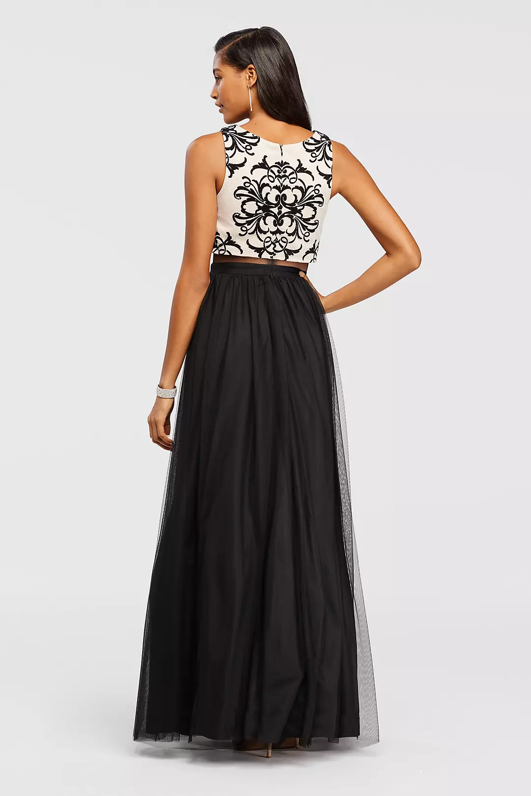 Illusion Two Piece Embroidered Bodice Tulle Dress | David's Illusion Two Piece Embroidered Bodice Tulle Dress | David's