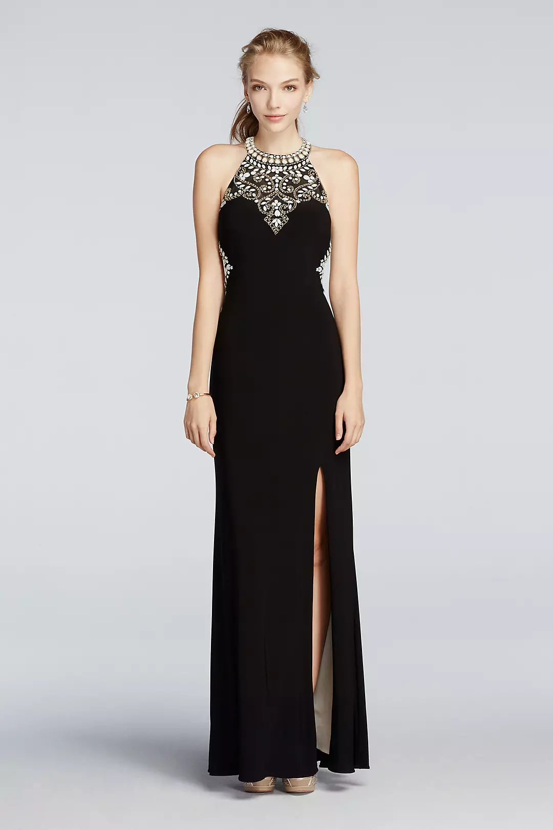 Beaded High Neck Cut Out Jersey Prom Dress | David's Bridal