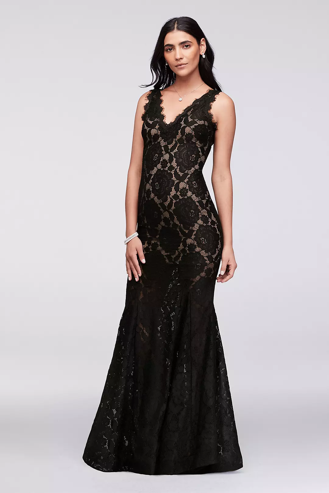 V-Neck Floral Lace Mermaid Gown with Eyelash Trim Image