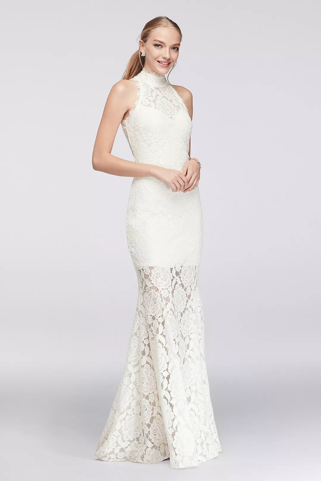 Floral Lace High-Neck Gown with Open Back Image