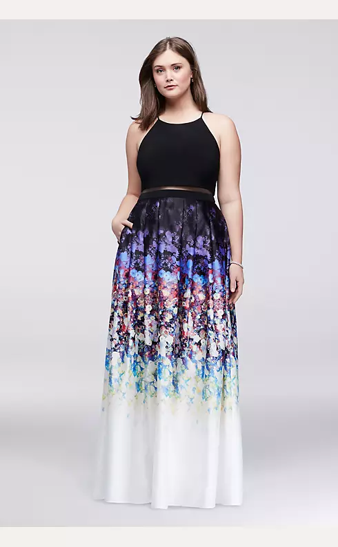 Faux Two-Piece Halter Dress with Floral Skirt Image 1