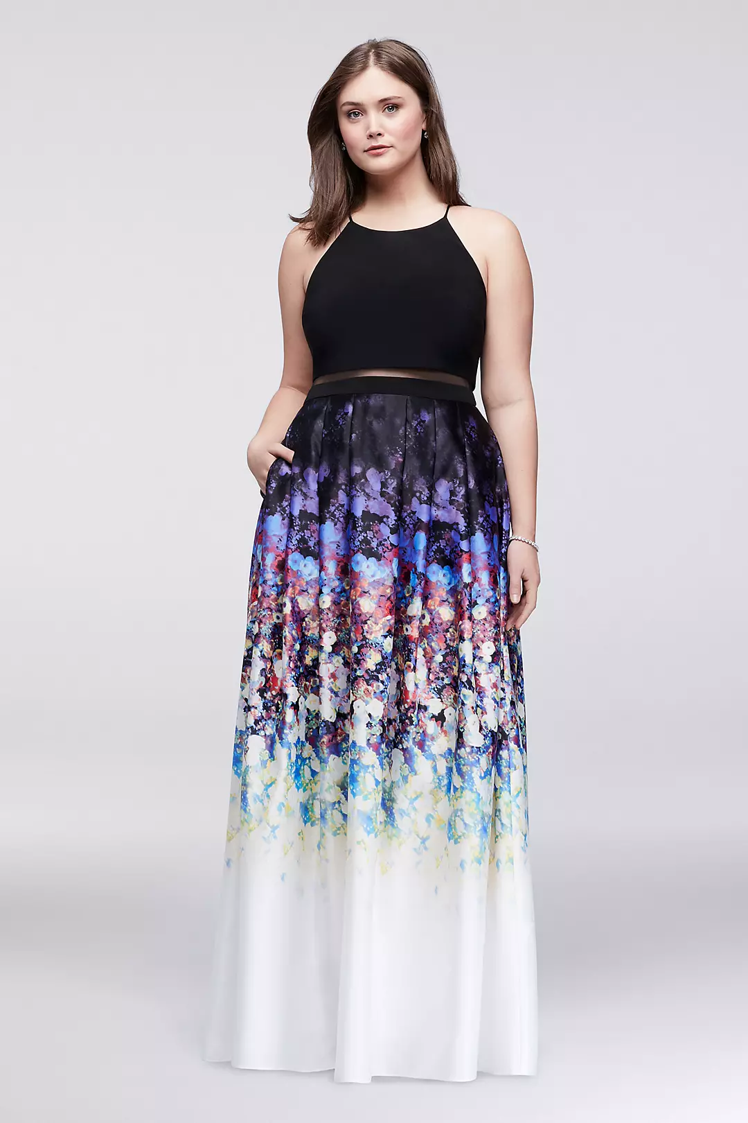 Faux Two-Piece Halter Dress with Floral Skirt Image
