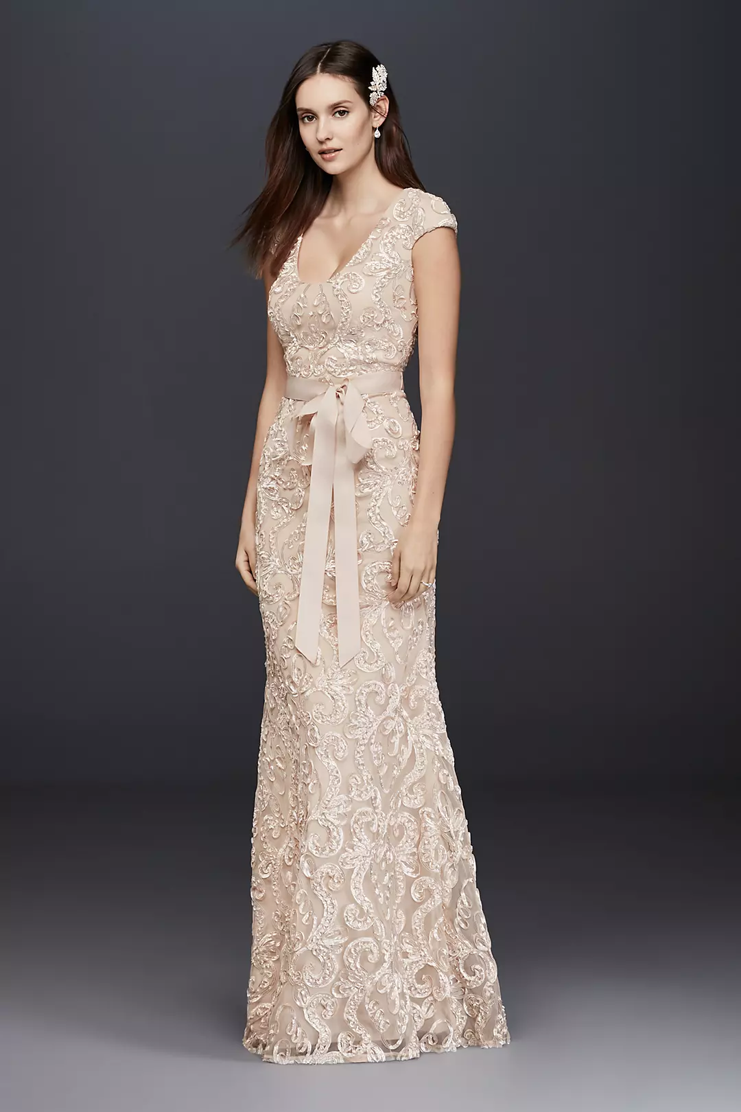 Cap Sleeve Soutache Lace Dress with Grosgrain Sash | David's Bridal