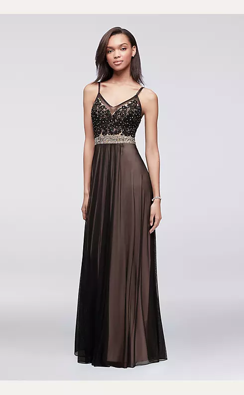 Long Lace and Mesh Dress with Beaded Waistband Image 1