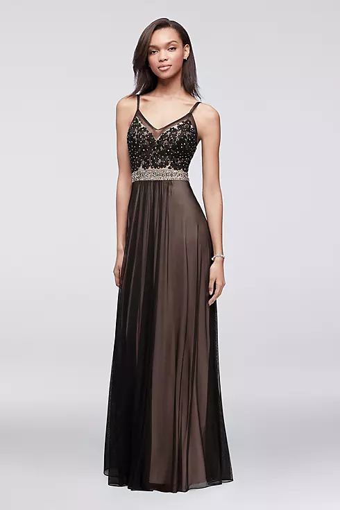 Long Lace and Mesh Dress with Beaded Waistband Image 1