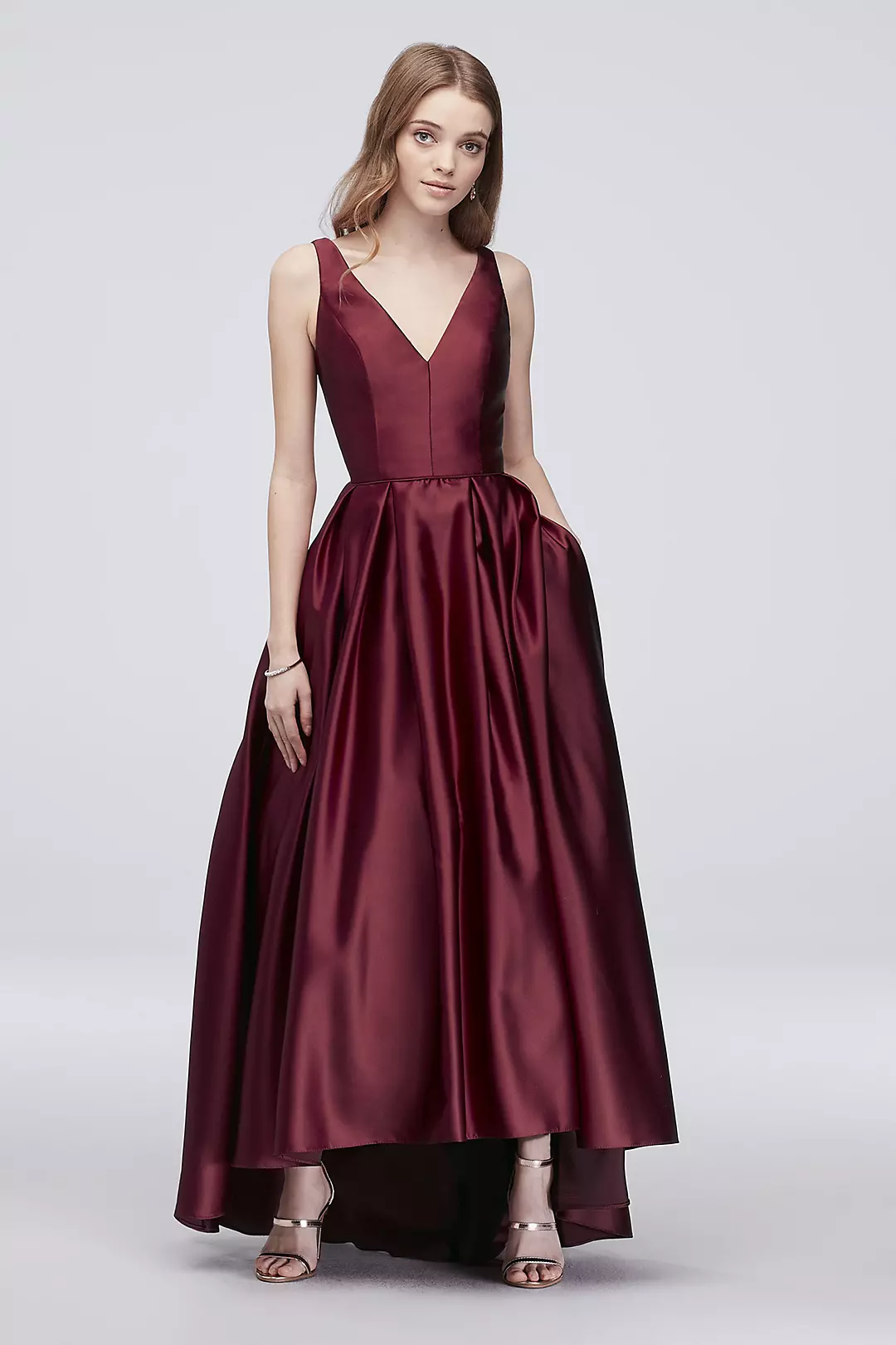V-Neck Satin Tank Ball Gown with Pleats Image