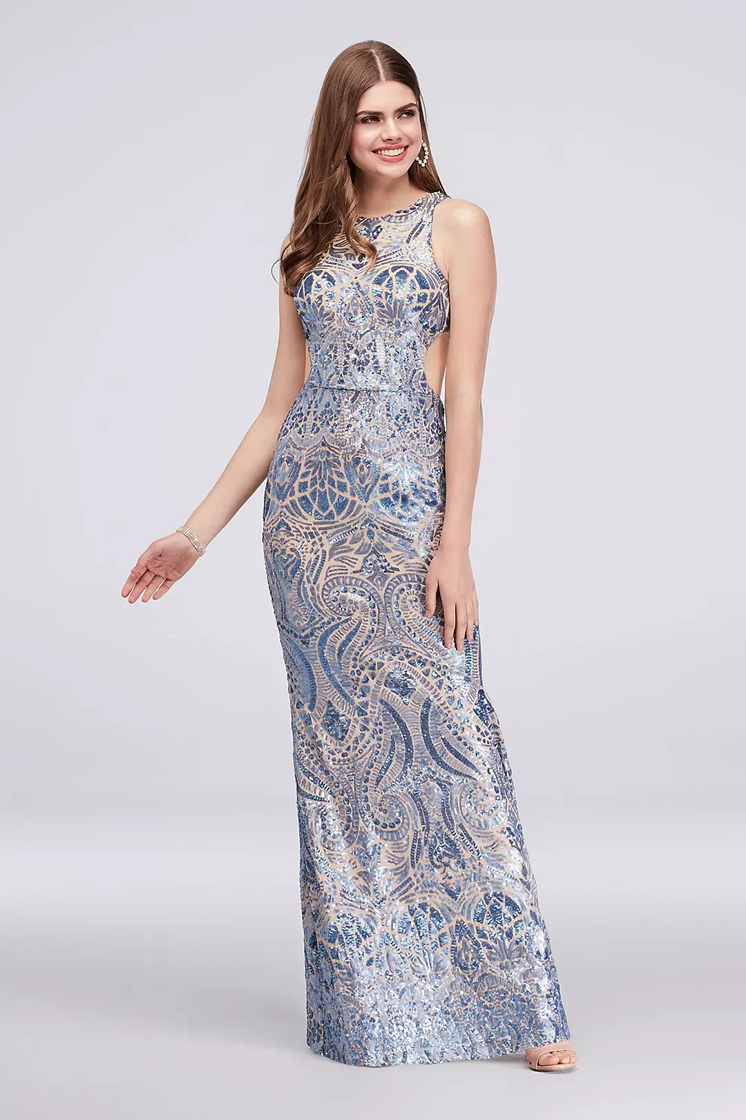 Allover Sequin Sheath Gown with Open Back Image