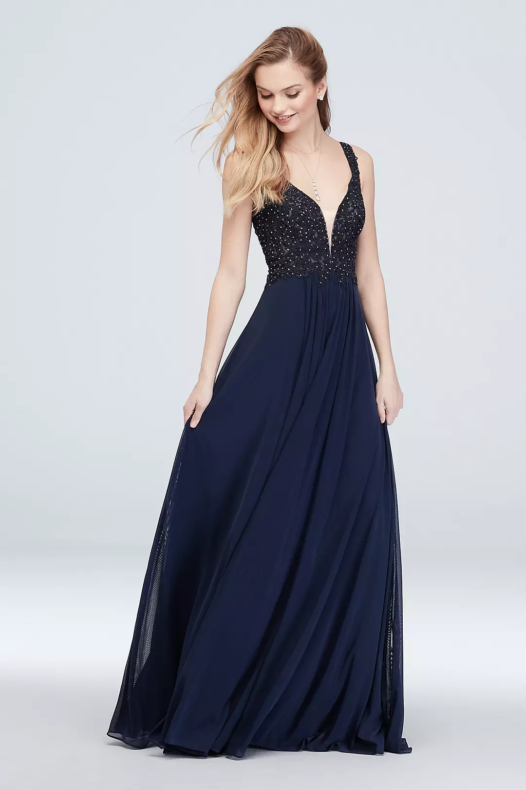 Plunging V Ball Gown with Gem and Applique Bodice Image