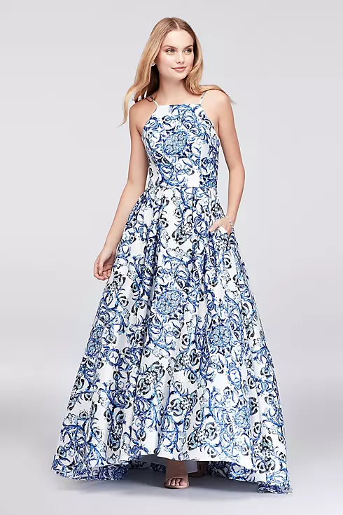 Printed Satin Halter Ball Gown with Lace-Up Back Image 1