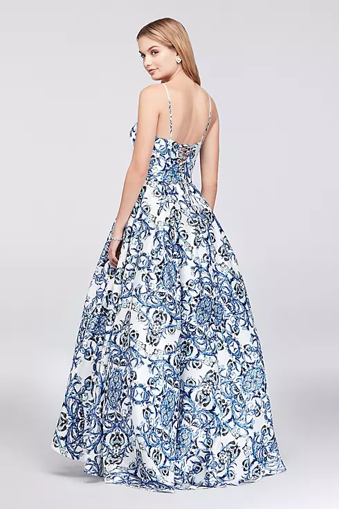Printed Satin Halter Ball Gown with Lace-Up Back Image 2