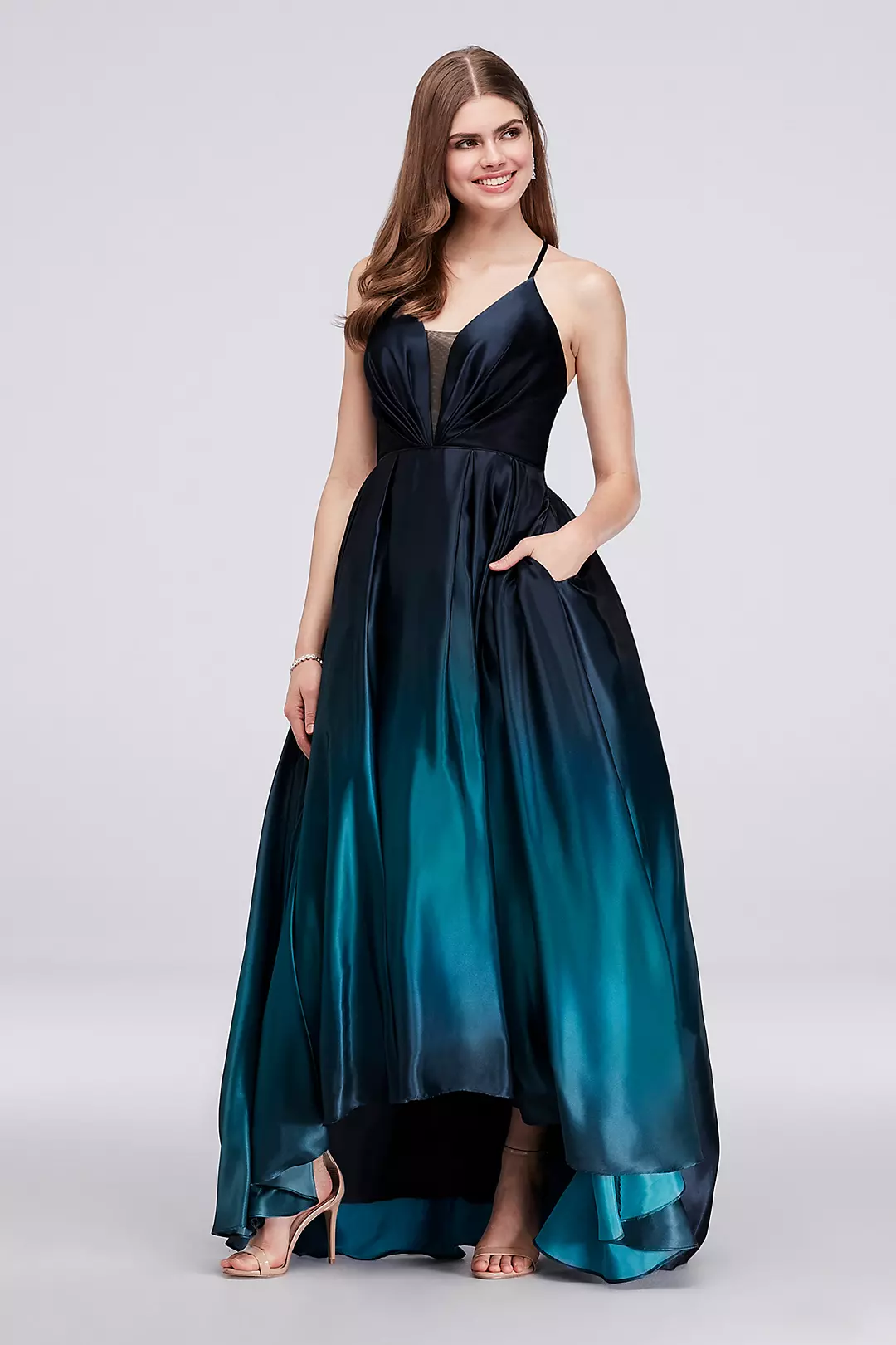 Strappy Satin Ombre High-Low Ball Gown