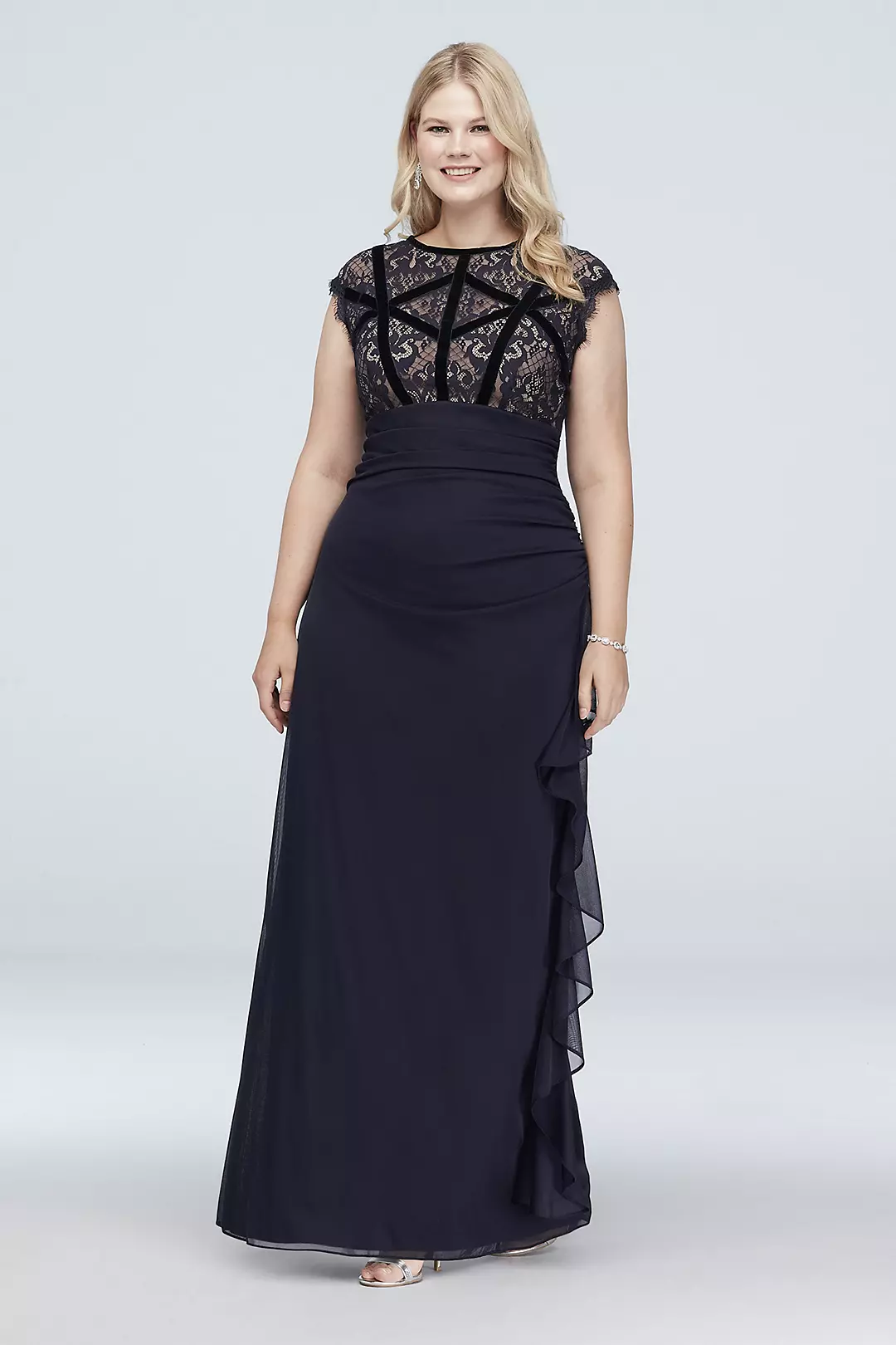 Velvet-Banded Lace and Chiffon Cap Sleeve Gown Image