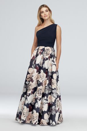 betsy and adam pleated floral gown