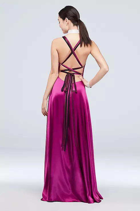 Long Satin Strappy Back V-Neck Dress with Slit Image 2