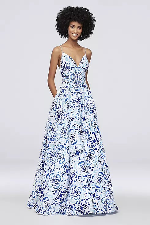 Mosaic Print Deep V-Neck Ball Gown with Low Back Image 1