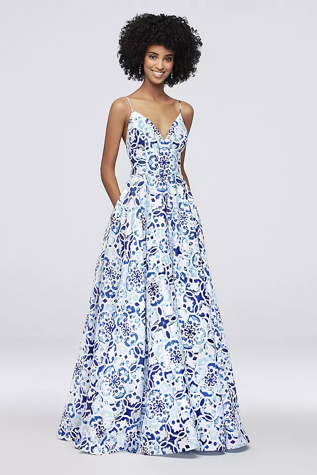 Mosaic Print Deep V-Neck Ball Gown with Low Back Image