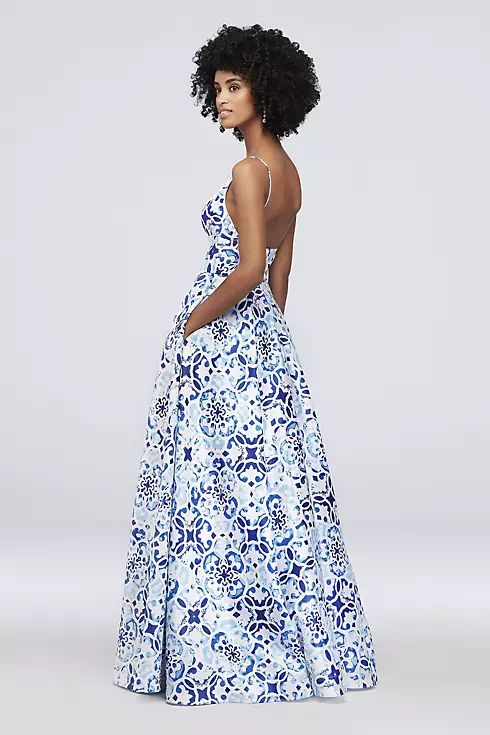Mosaic Print Deep V-Neck Ball Gown with Low Back Image 2