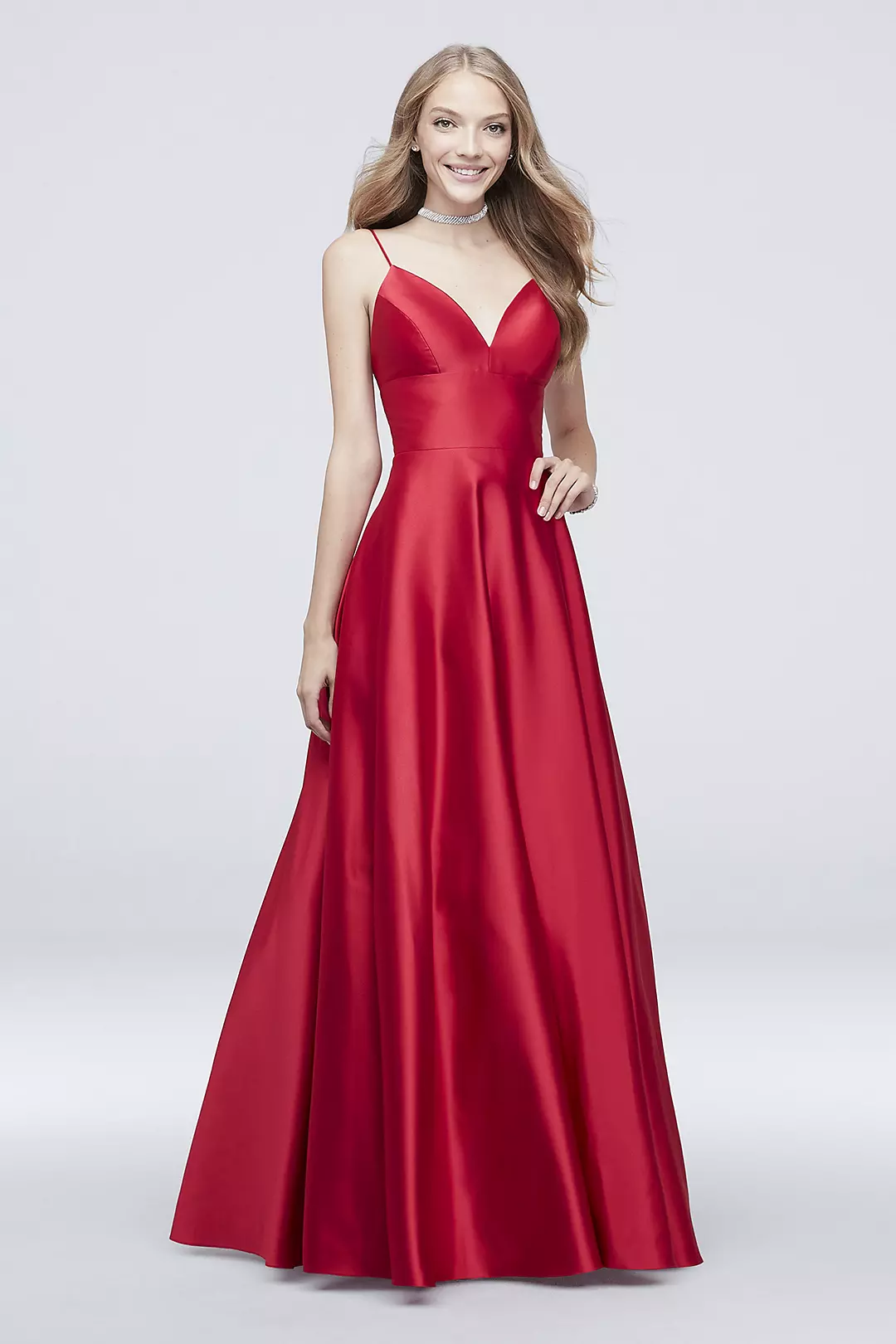 V-Neck Satin Ball Gown with Spaghetti Straps Image