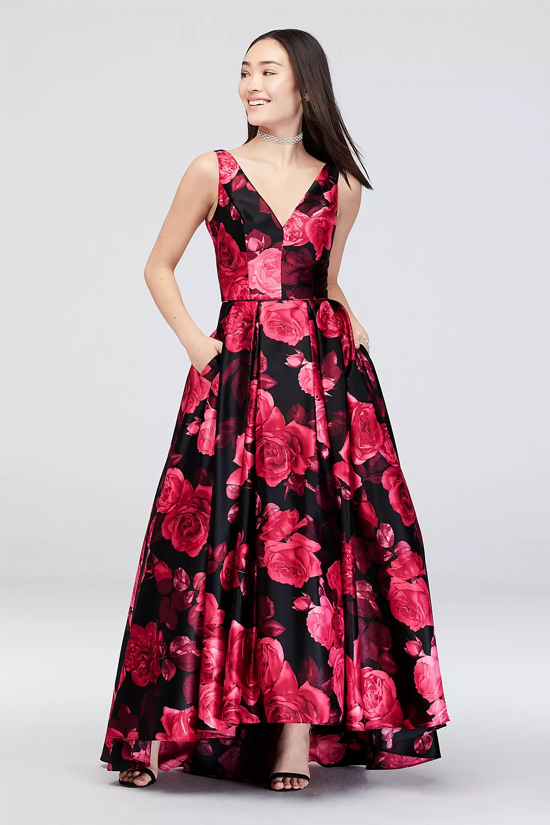 Satin Floral V-Neck Ball Gown with Pockets Image