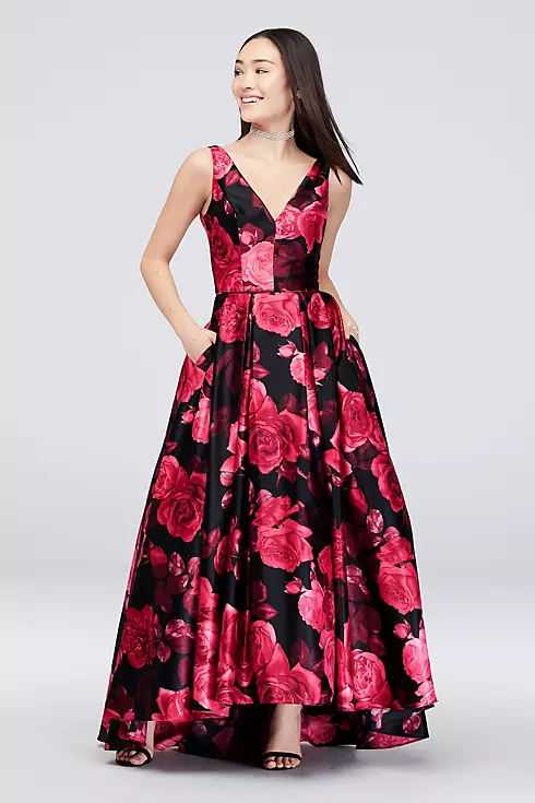 Satin Floral V-Neck Ball Gown with Pockets Image 1