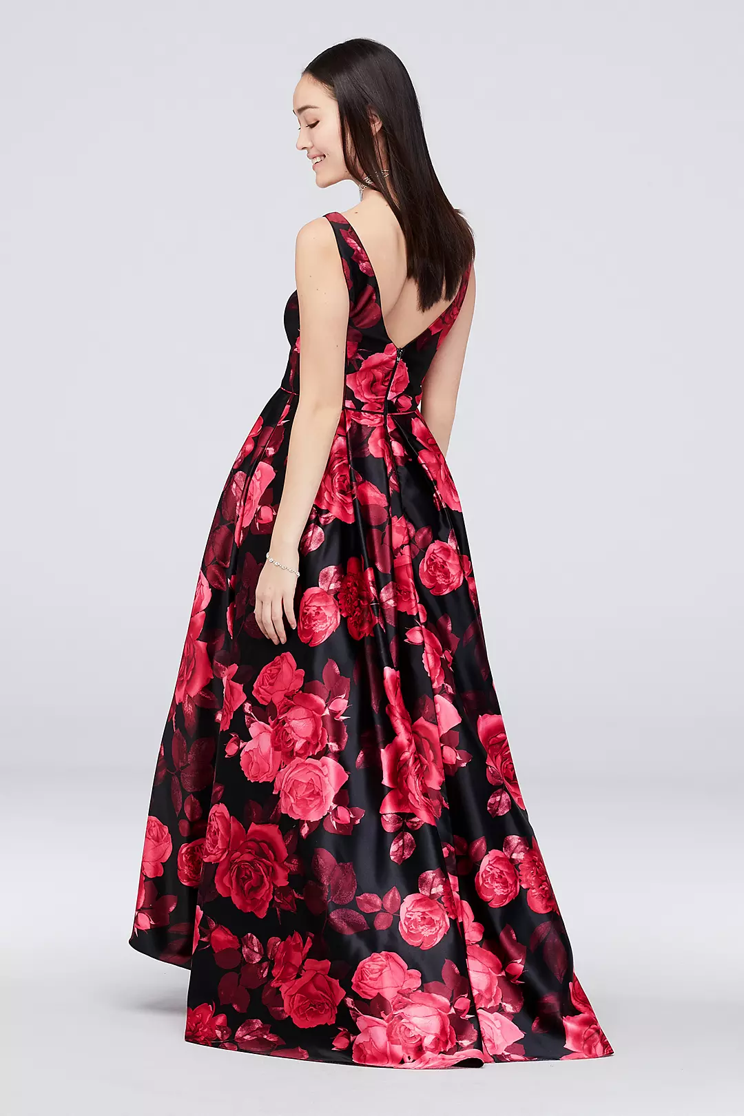 Satin Floral V-Neck Ball Gown with Pockets Image 2