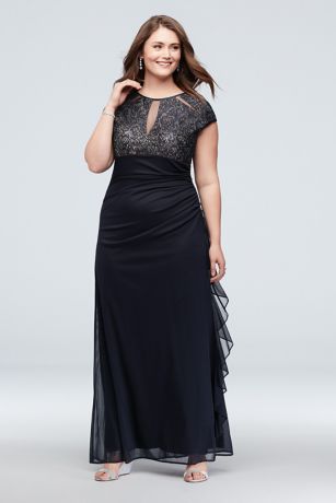 Lace Keyhole Plus Size Gown with Ruched Cascade | David's Bridal