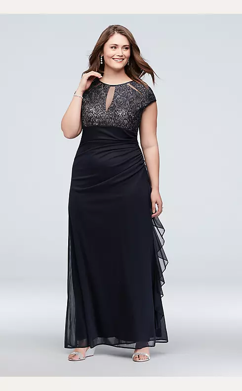 Lace Bodice Keyhole Gown with Mesh Ruched Cascade Image 1